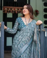 Deep Teal & Indigo Linen  Saree with Traditional Motif Print - Image 3