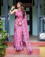 Vibrant Magenta & Silver Zari Border Linen  Saree
