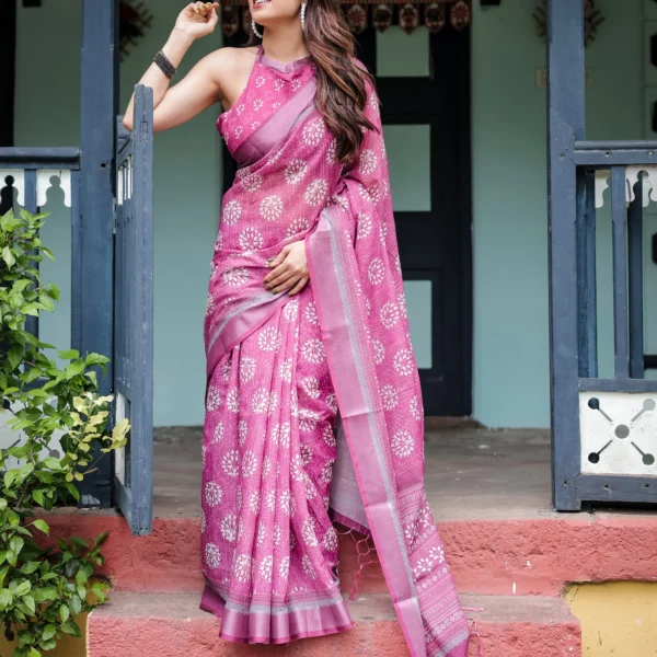 Vibrant Magenta & Silver Zari Border Linen  Saree