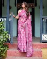 Vibrant Magenta & Silver Zari Border Linen  Saree - Image 2