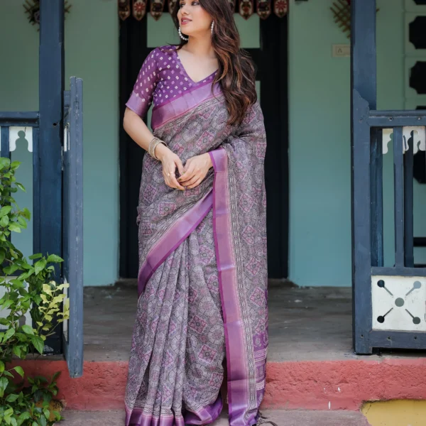 Royal Violet – Mosaic Geometric Digital Print Linen Cotton Saree
