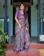 Royal Violet – Mosaic Geometric Digital Print Linen Cotton Saree - Image 2