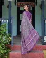 Royal Violet – Mosaic Geometric Digital Print Linen Cotton Saree - Image 5