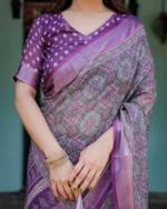Royal Violet – Mosaic Geometric Digital Print Linen Cotton Saree - Image 4