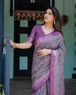 Royal Violet – Mosaic Geometric Digital Print Linen Cotton Saree - Image 3