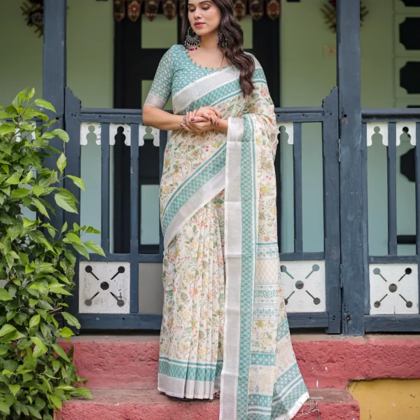 Off-White Linen  Saree with Seafoam Lattice Border & Vine Prints