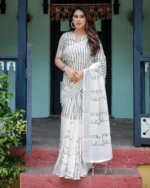 Ivory & Charcoal Elegance – Digital Print Linen Cotton Saree