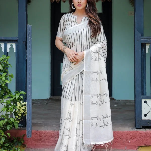 Ivory & Charcoal Elegance – Digital Print Linen Cotton Saree