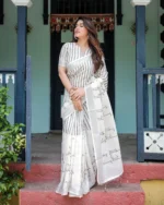 Ivory & Charcoal Elegance – Digital Print Linen Cotton Saree - Image 2