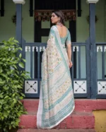 Off-White Linen  Saree with Seafoam Lattice Border & Vine Prints - Image 5