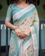 Off-White Linen  Saree with Seafoam Lattice Border & Vine Prints - Image 4