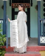 Ivory & Charcoal Elegance – Digital Print Linen Cotton Saree - Image 5