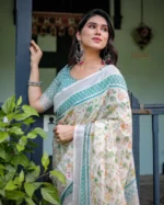 Off-White Linen  Saree with Seafoam Lattice Border & Vine Prints - Image 3