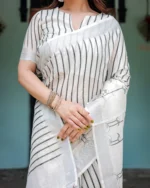 Ivory & Charcoal Elegance – Digital Print Linen Cotton Saree - Image 4