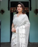 Ivory & Charcoal Elegance – Digital Print Linen Cotton Saree - Image 3