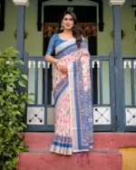 Indigo & Blush Pink Digital Print Linen-Cotton Saree