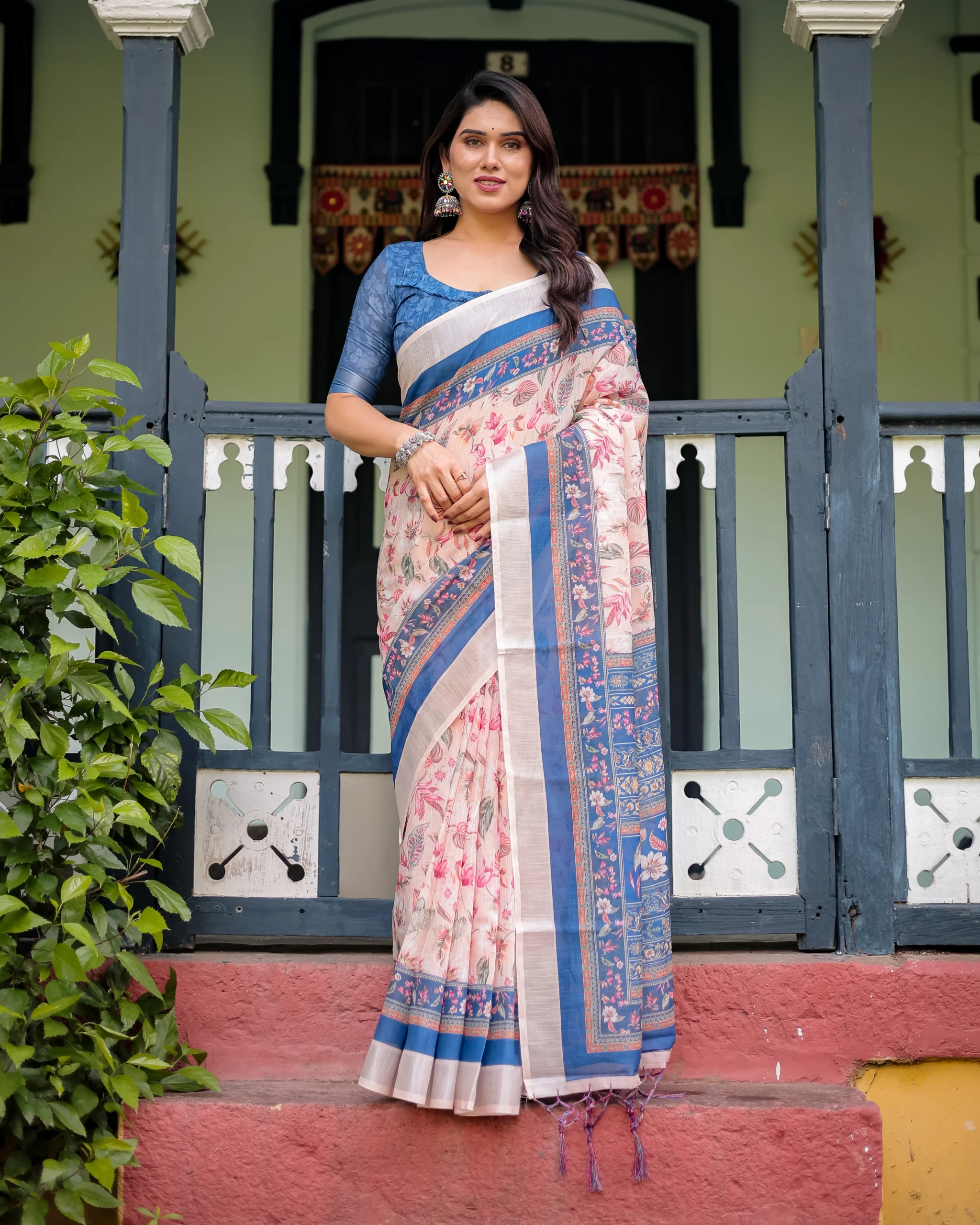 5R1A0487 Indigo & Blush Pink Digital Print Linen-Cotton Saree - Image 1