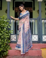 Indigo & Blush Pink Digital Print Linen-Cotton Saree - Image 2
