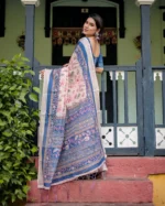 Indigo & Blush Pink Digital Print Linen-Cotton Saree - Image 5