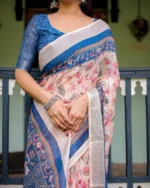 Indigo & Blush Pink Digital Print Linen-Cotton Saree - Image 4