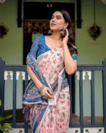 Indigo & Blush Pink Digital Print Linen-Cotton Saree - Image 3