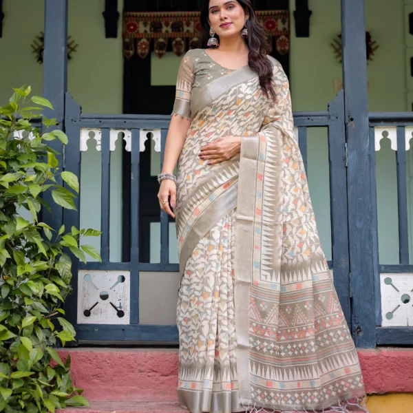 Olive Sage Geometric Leaf Digital Print Linen-Cotton Saree
