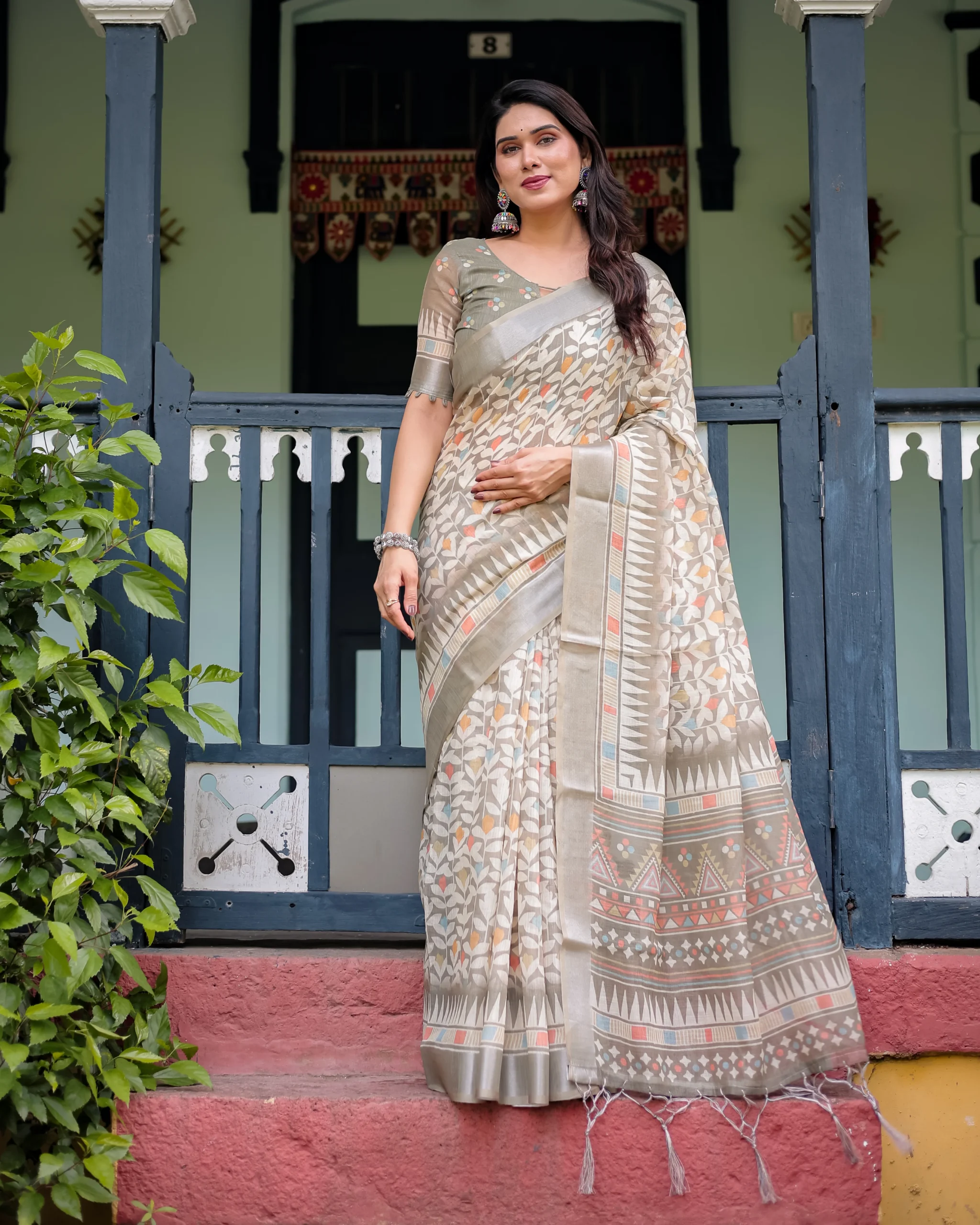 5R1A0568 Olive Sage Geometric Leaf Digital Print Linen-Cotton Saree - Image 1