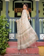 Olive Sage Geometric Leaf Digital Print Linen-Cotton Saree - Image 5