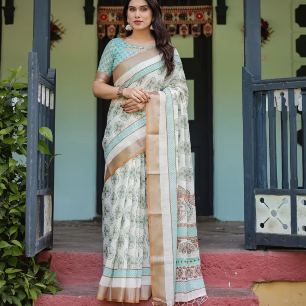 Elegant Mint Green & Ivory Digital Print Linen Cotton Saree with Zari Border