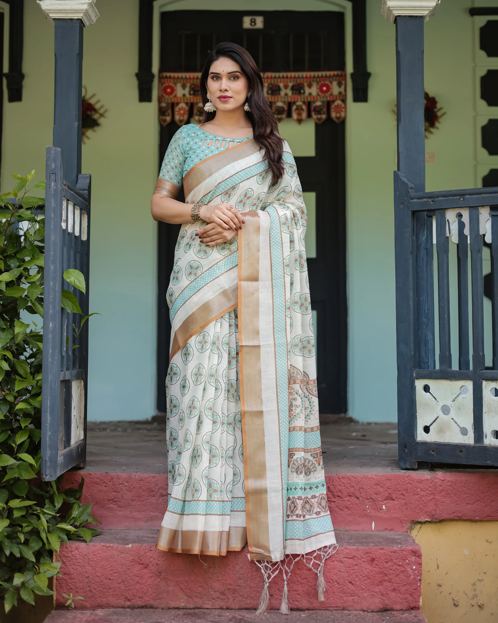 5R1A0638 Elegant Mint Green & Ivory Digital Print Linen Cotton Saree with Zari Border - Image 1