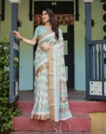 Elegant Mint Green & Ivory Digital Print Linen Cotton Saree with Zari Border - Image 2