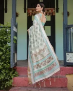 Elegant Mint Green & Ivory Digital Print Linen Cotton Saree with Zari Border - Image 5