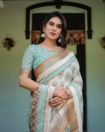Elegant Mint Green & Ivory Digital Print Linen Cotton Saree with Zari Border - Image 3