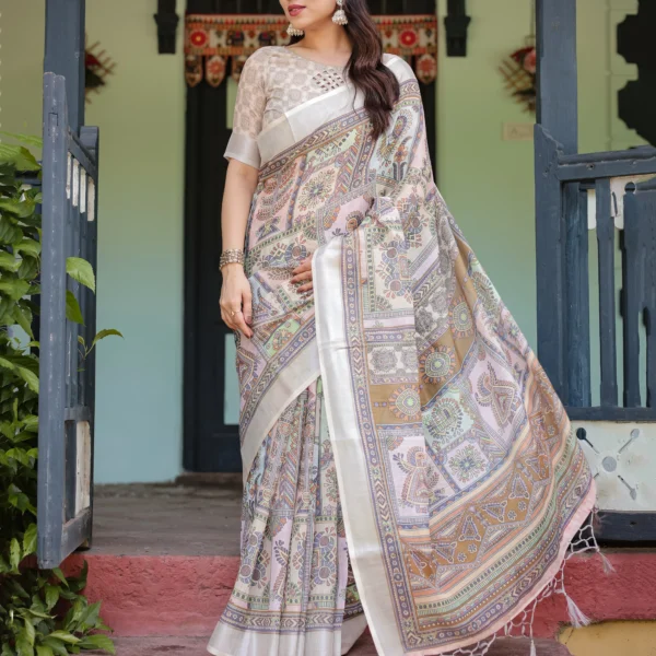 Pastel Kalamkari Inspired Multi-Color Digital Print Linen Cotton Saree