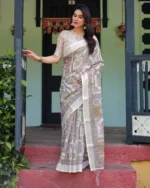 Pastel Kalamkari Inspired Multi-Color Digital Print Linen Cotton Saree - Image 2