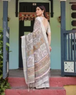 Pastel Kalamkari Inspired Multi-Color Digital Print Linen Cotton Saree - Image 5