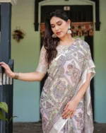 Pastel Kalamkari Inspired Multi-Color Digital Print Linen Cotton Saree - Image 3