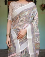 Pastel Kalamkari Inspired Multi-Color Digital Print Linen Cotton Saree - Image 4