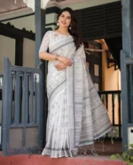 Ivory & Slate Grey Warli Art Digital Print Linen Cotton Saree