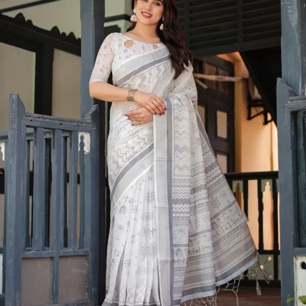 Ivory & Slate Grey Warli Art Digital Print Linen Cotton Saree
