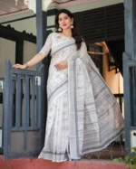 Ivory & Slate Grey Warli Art Digital Print Linen Cotton Saree - Image 2