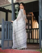 Ivory & Slate Grey Warli Art Digital Print Linen Cotton Saree - Image 5
