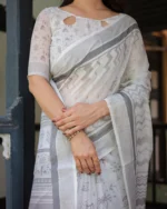 Ivory & Slate Grey Warli Art Digital Print Linen Cotton Saree - Image 4