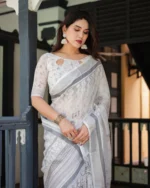 Ivory & Slate Grey Warli Art Digital Print Linen Cotton Saree - Image 3