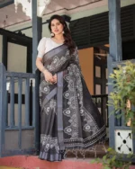 Midnight Charcoal Heritage Digital Print Linen Cotton Saree