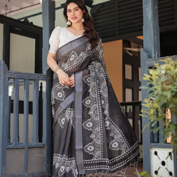 Midnight Charcoal Heritage Digital Print Linen Cotton Saree