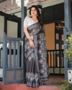 Midnight Charcoal Heritage Digital Print Linen Cotton Saree - Image 2
