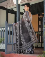 Midnight Charcoal Heritage Digital Print Linen Cotton Saree - Image 5