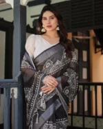 Midnight Charcoal Heritage Digital Print Linen Cotton Saree - Image 3