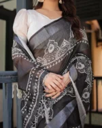 Midnight Charcoal Heritage Digital Print Linen Cotton Saree - Image 4